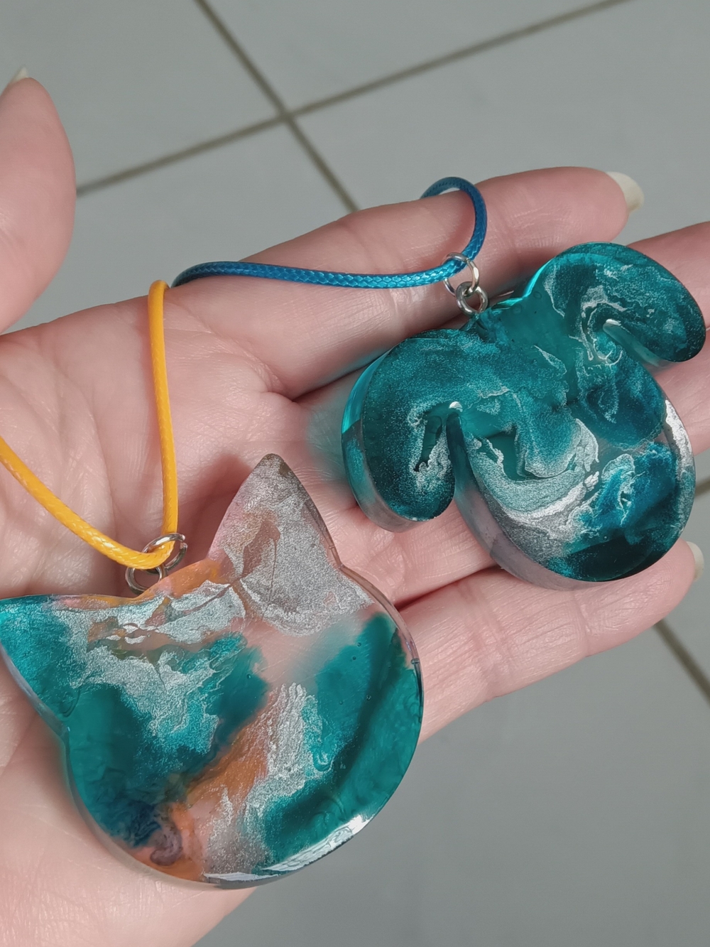 Handmade Teal Resin Kids Necklace Pendant - Cute Cat & Mouse Duo
